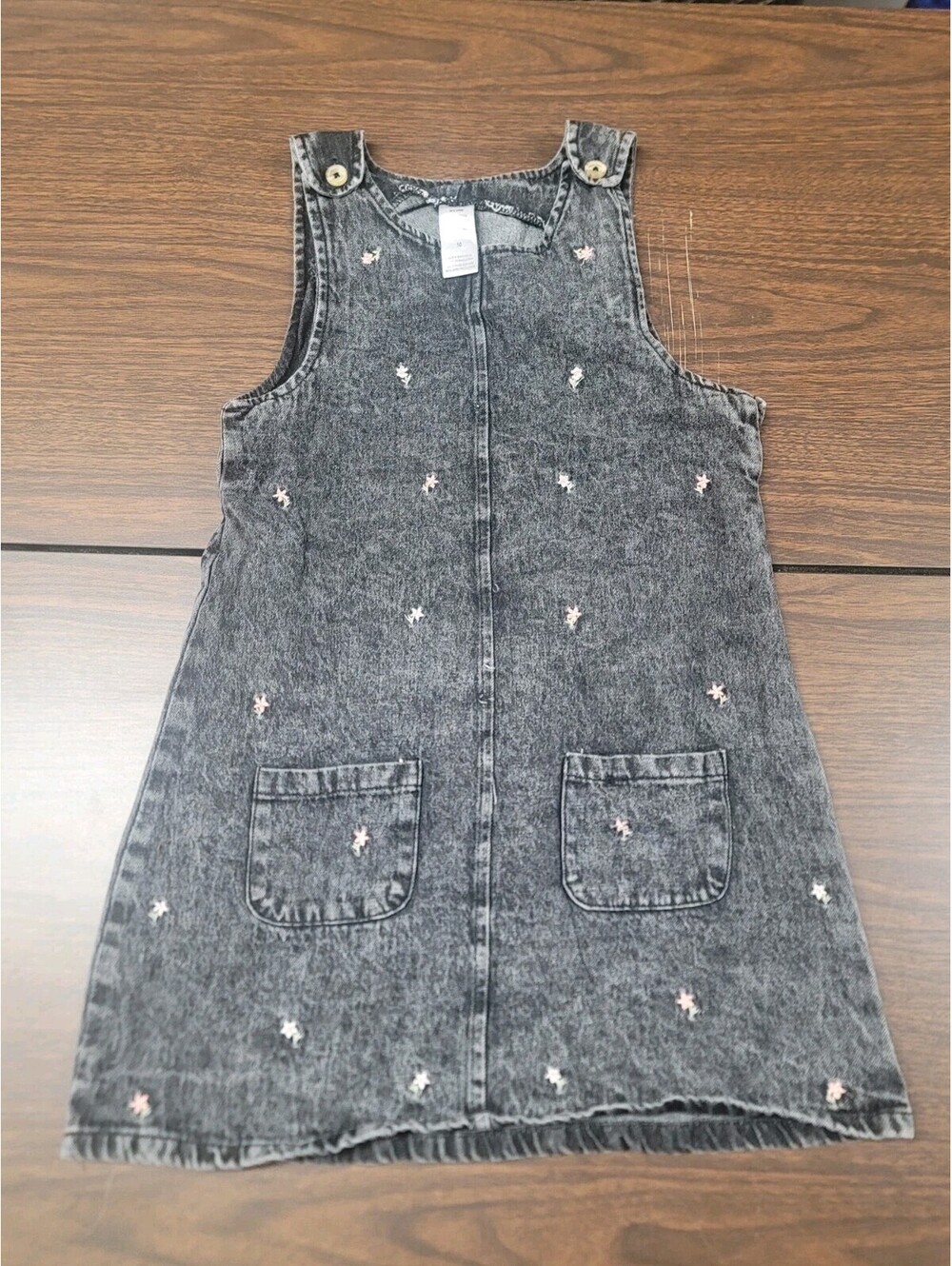 Y2K Girls Sleeveless Black Denim Overall Dress Floral Embroidery